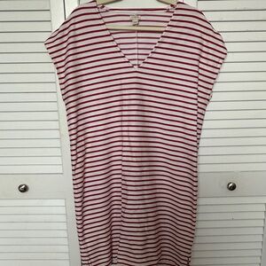 J. Crew Red and White Striped Casual V Neck Dress